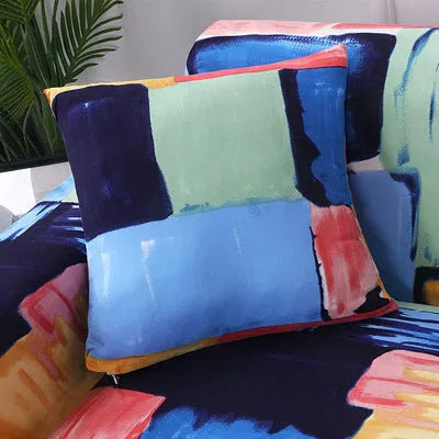 Stretchable geometric sofa cover for three-seater couch in modern style with polyester and spandex material