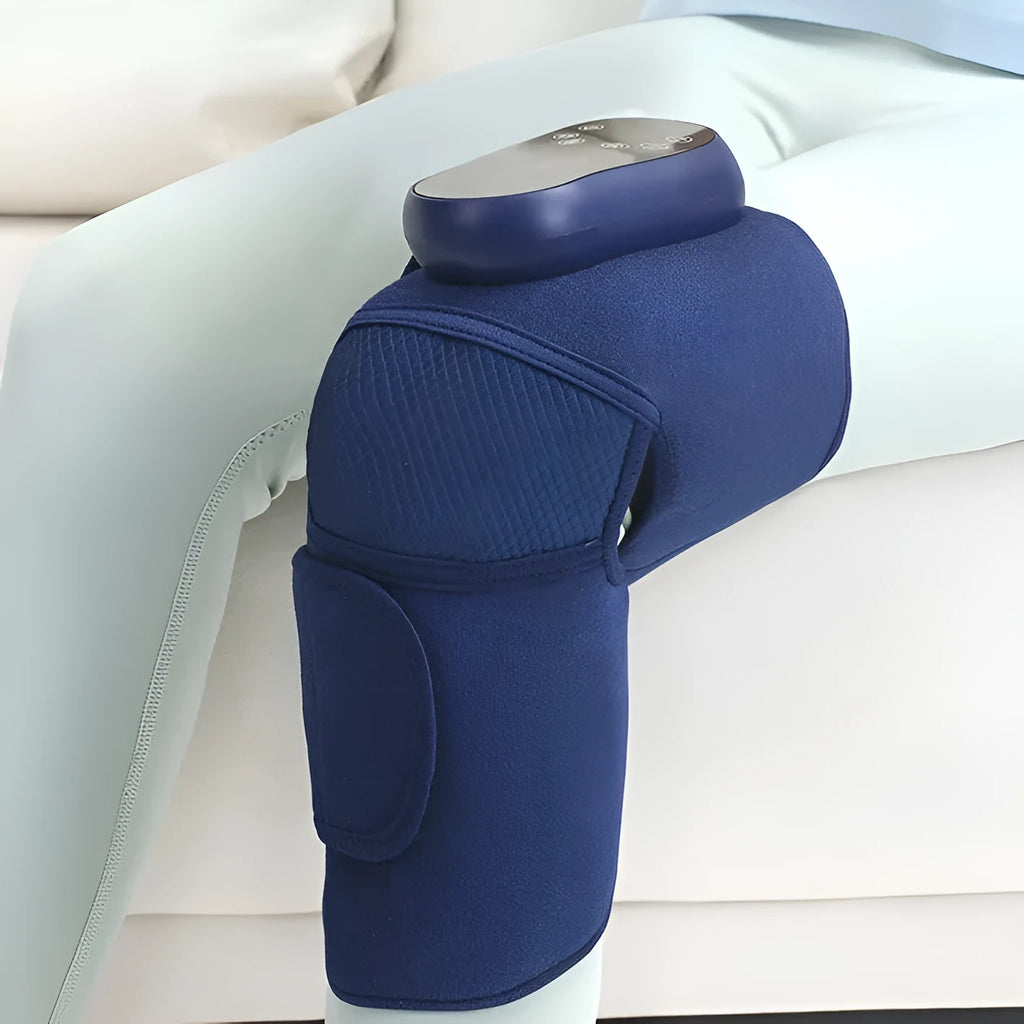 Blue self-heating knee massager with adjustable straps for vibration, heat and air pressure therapy