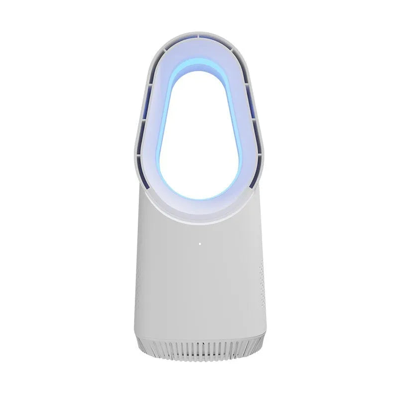 White bladeless tower fan with remote control and touch screen buttons for floor or desktop use