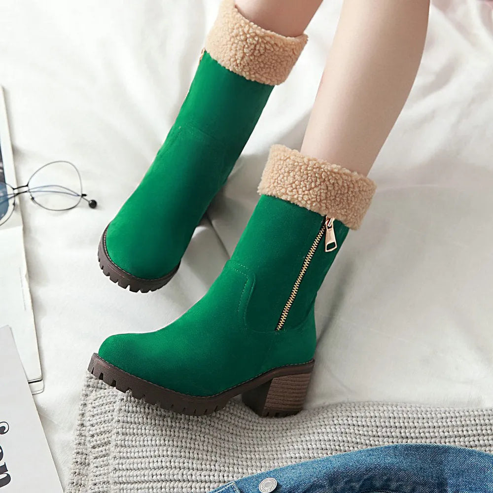 Snow boots with plush lining and rubber sole in black, grey, green, or orange.