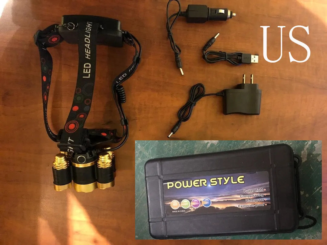 Gold aluminium alloy head torch with 5 LEDs and adjustable focus, sensor model, on a dark background