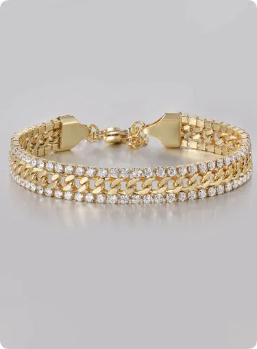 Gold electroplated unisex tennis bracelet on titanium steel with hip hop style and artificial gemstones.