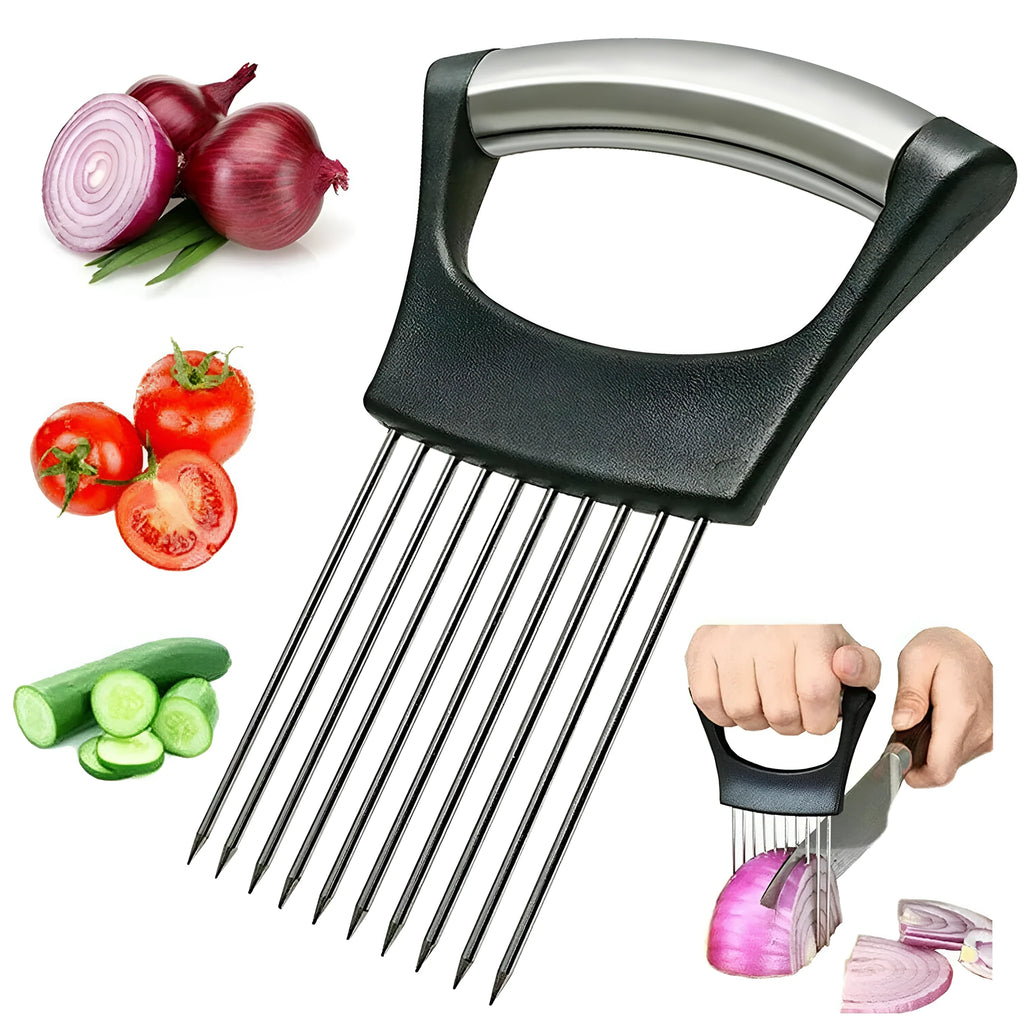 Stainless steel onion holder slicer with non-slip base on a kitchen counter next to a tomato and knife