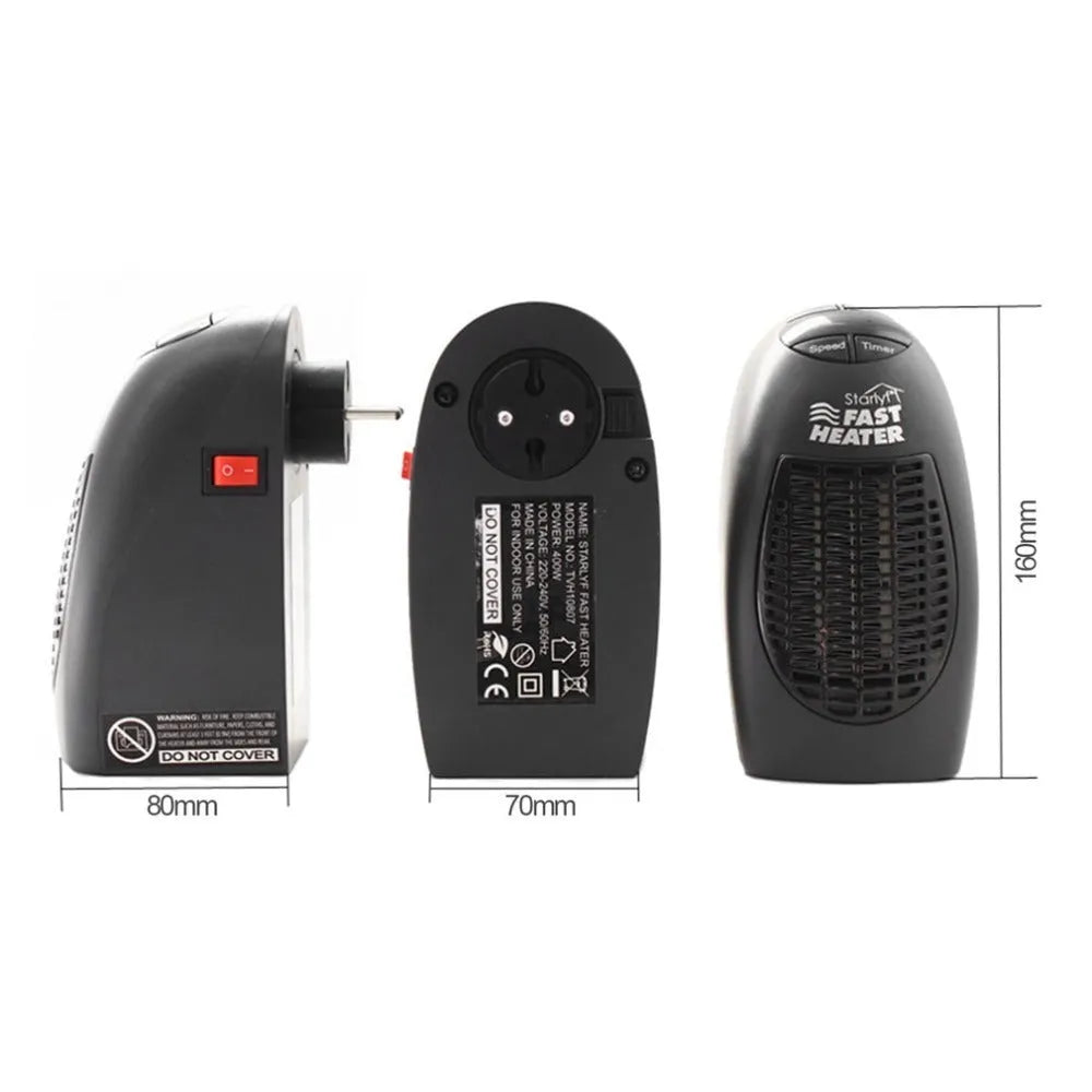 Black mini ceramic electric heater with digital display and rotating plug