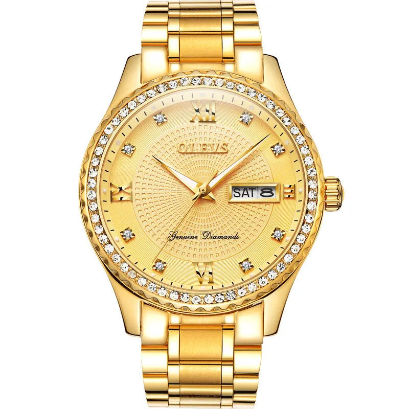 Round quartz watch with luminous hands, calendar and week display, 40mm dial, stainless steel strap, and butterfly clasp