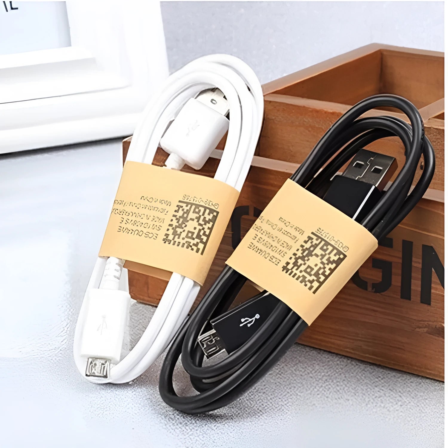Black and white Android micro USB data cables with 1 metre length for smartphone charging and data transfer