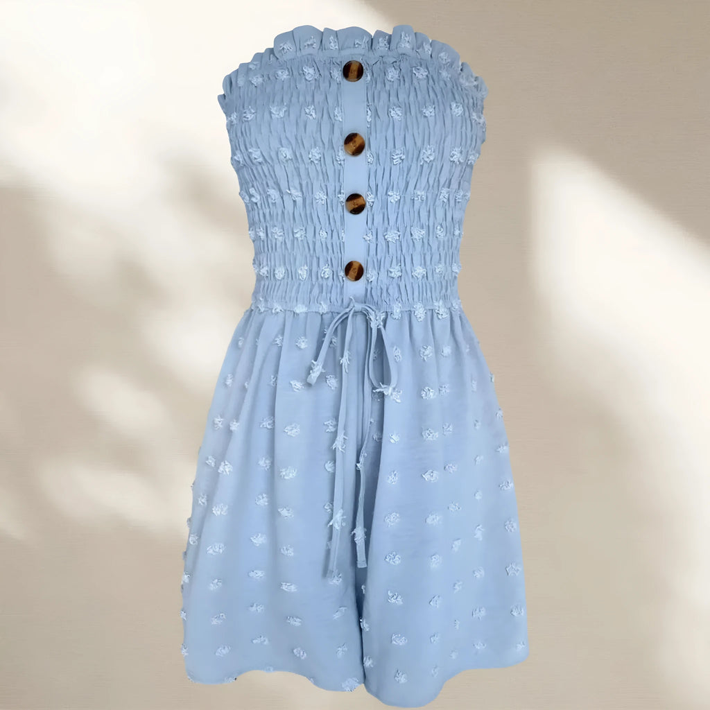 Women's blue off-shoulder sleeveless jumpsuit with button details and mid waist design