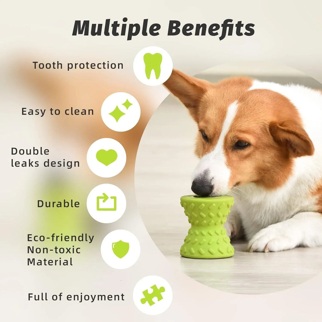 Blue natural rubber dog chew toy with hollow treat-dispensing centre and bone shape