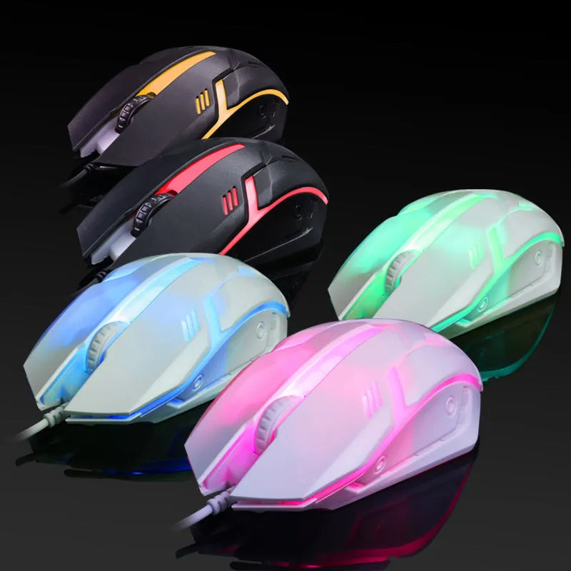 Wired luminous computer mouse with USB cable showing black and white colour options