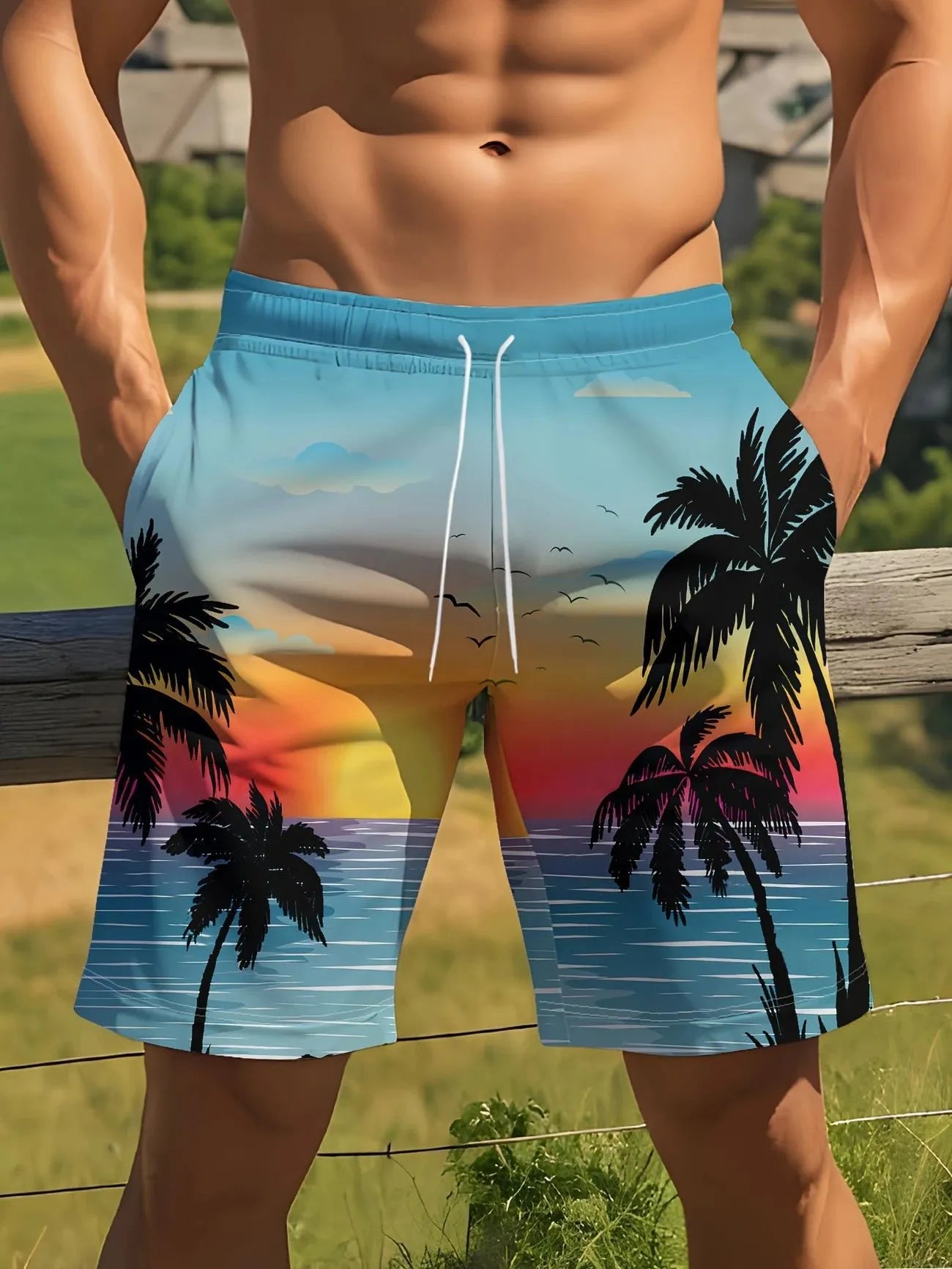 Men's quick-dry 3D print polyester swimming trunks in a vacation setting, multiple colour and size options