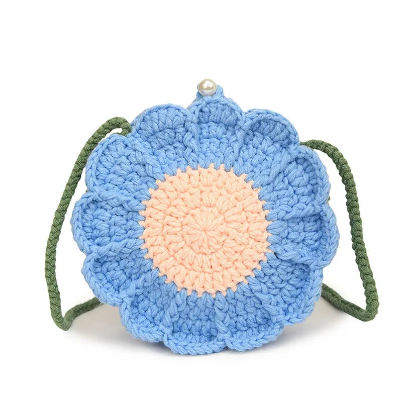 Hand-Woven Bag Wool Crocheted Floral Tote Round Shape Cotton Lining Mobile Phone Bag Available in Green Light Blue Royal Blue Yellow