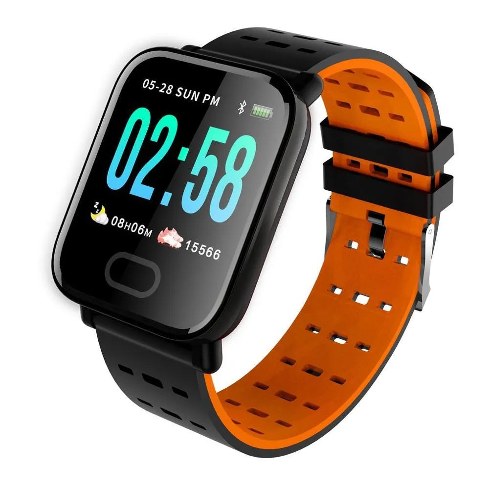 A6 model smart bracelet with a colour screen and blue silicone strap on a wrist.