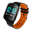 A6 model smart bracelet with a colour screen and blue silicone strap on a wrist.