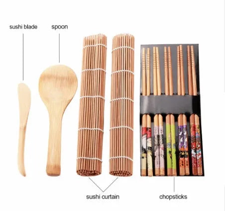 White sushi tool set with bamboo rolling mat and rice paddle for making sushi at home