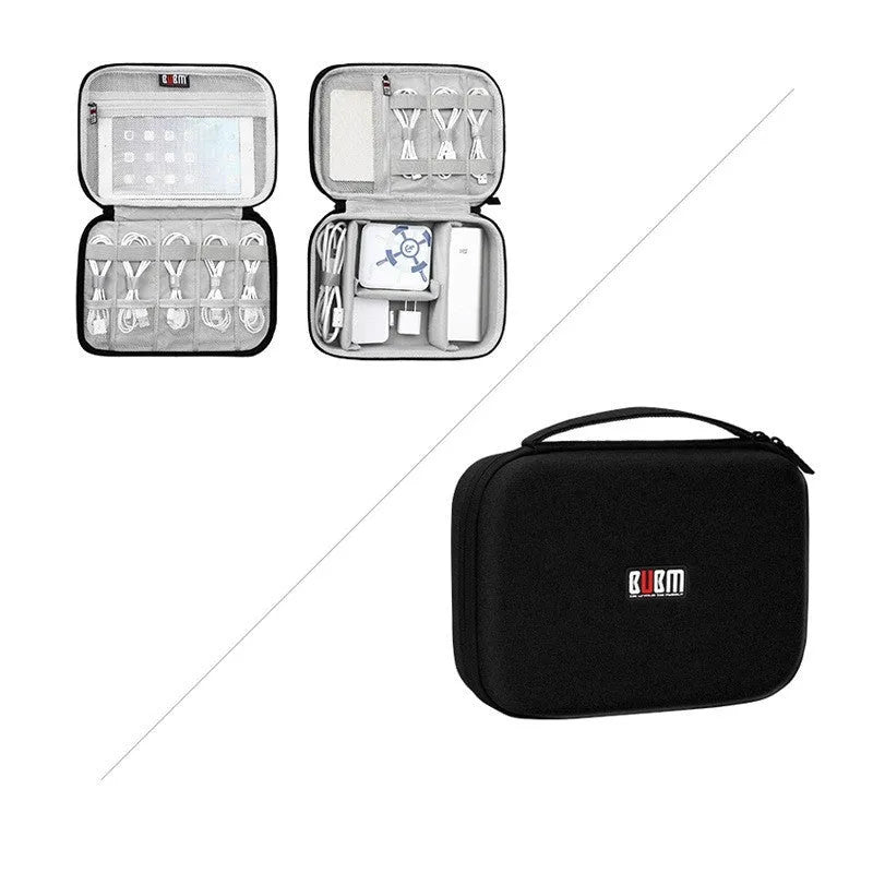Black and grey EVA digital storage bag with hand bag shape for headphone and electronics organisation