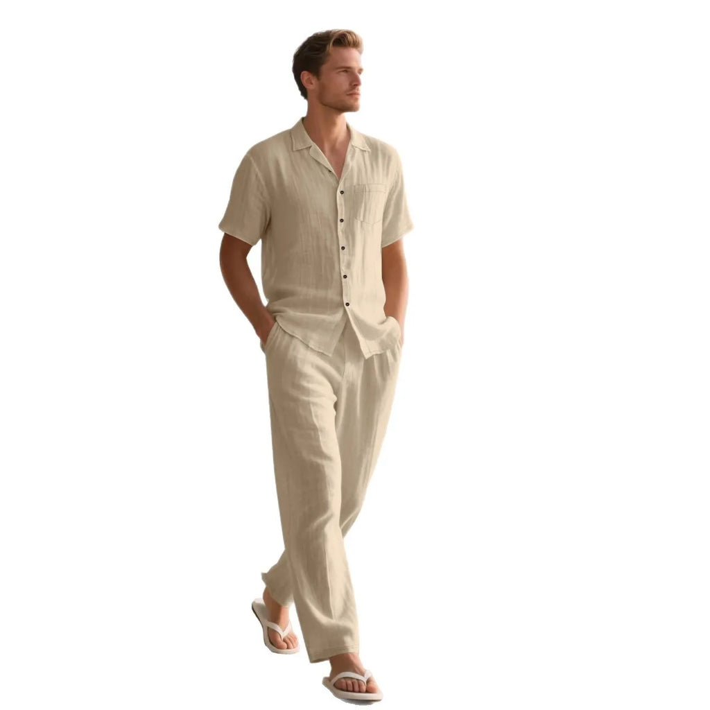 Casual linen blend button polo short sleeve trousers beach suit for men in multiple colours