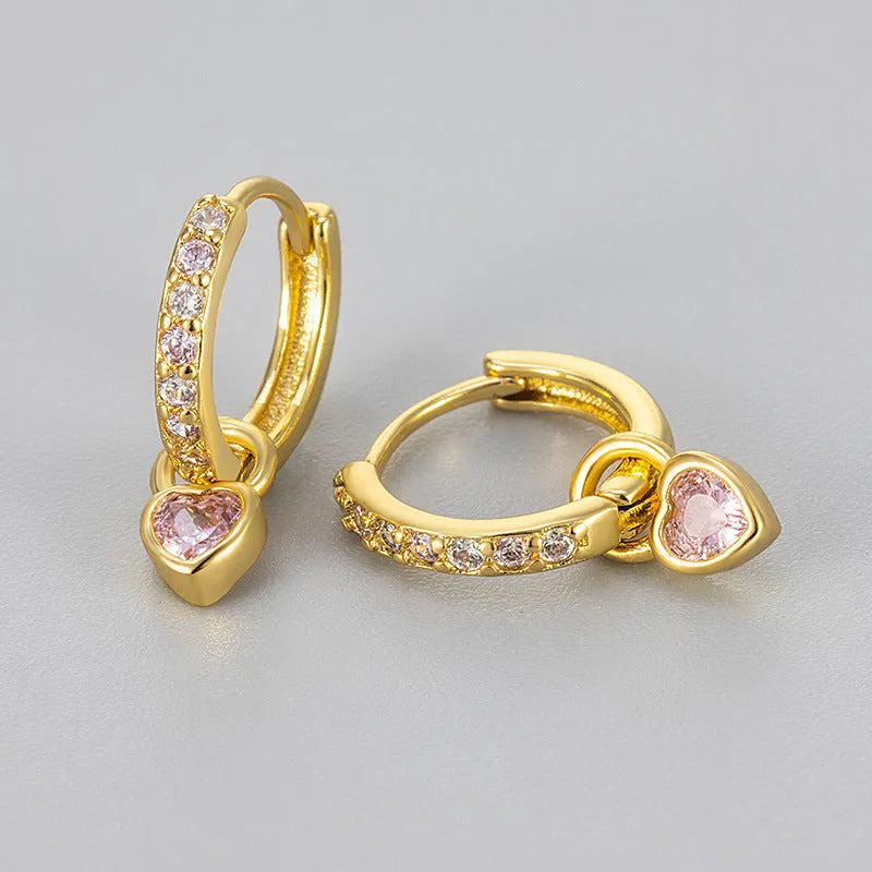 Women's heart-shaped drop earrings with coloured gemstones in gold and white gold tone settings
