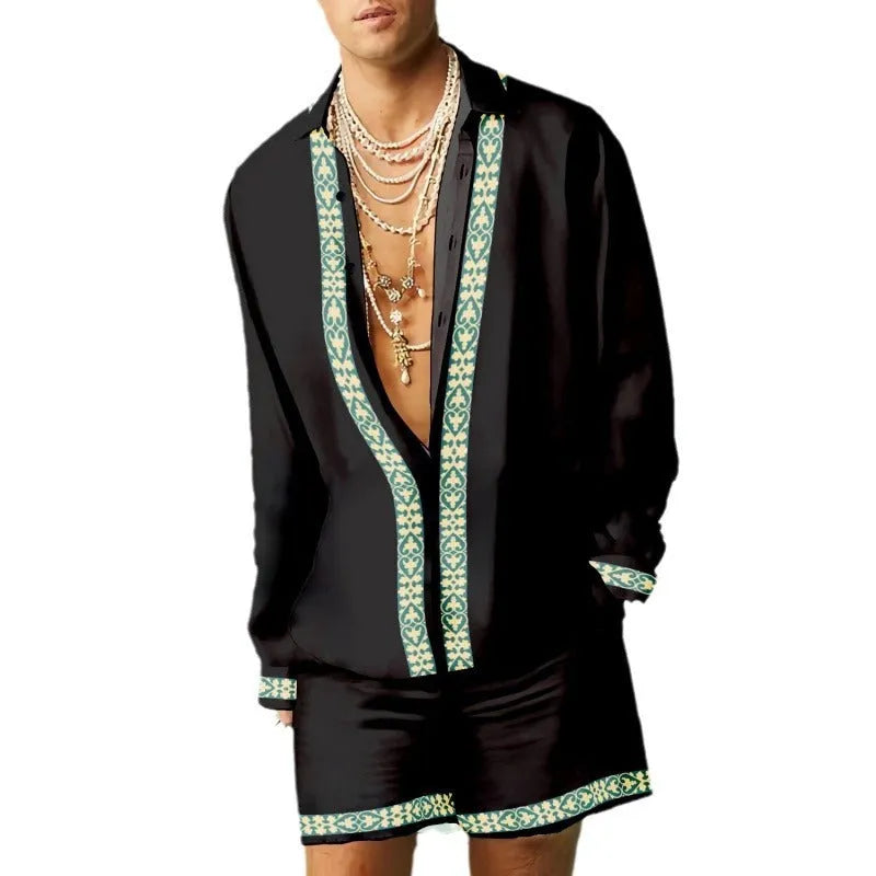 Men's slim fit casual summer outfit with long sleeve shirt and matching shorts on a neutral background.
