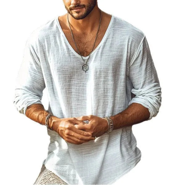 Men's beige slim fit V-neck long-sleeved T-shirt made from hemp blend fabric