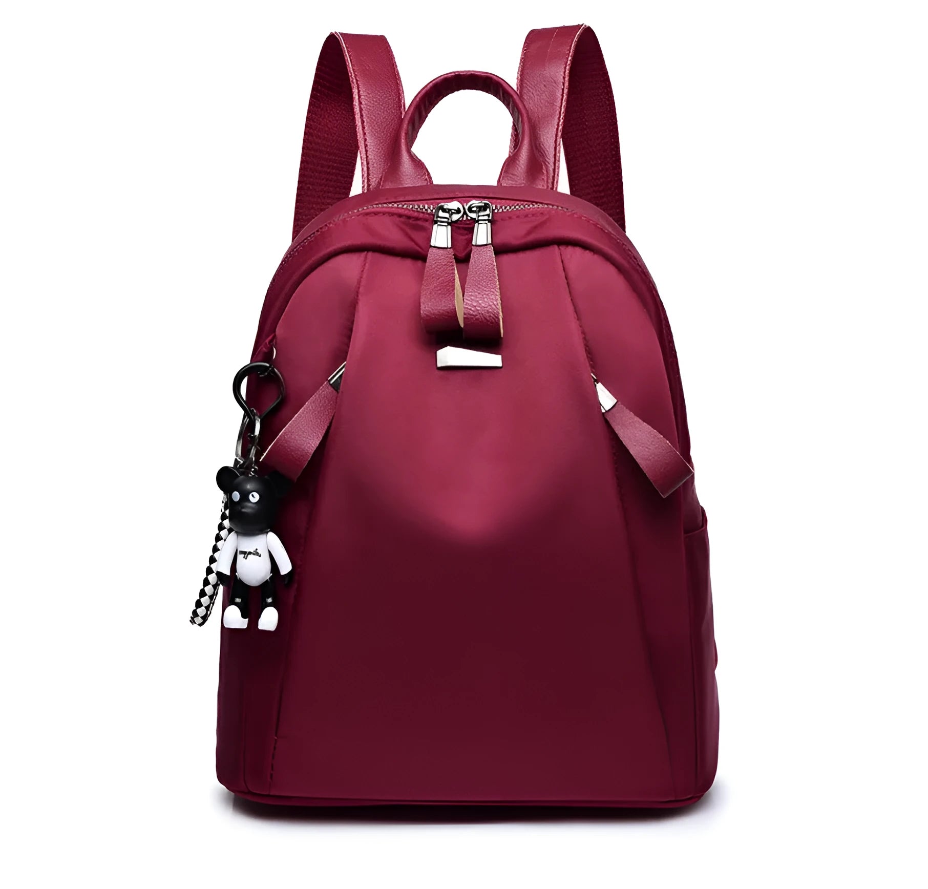 Medium size wine red Oxford cloth rucksack showing internal mobile phone and ID organisation pockets