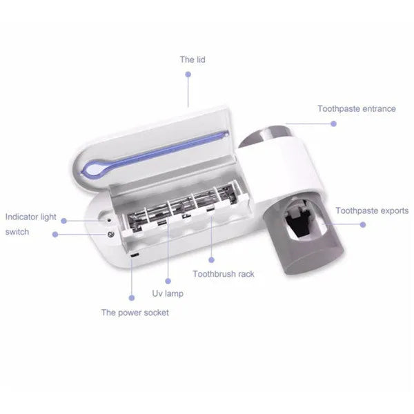 White ABS 3-in-1 toothbrush holder with UV steriliser and toothpaste dispenser, wall mounted with five slots