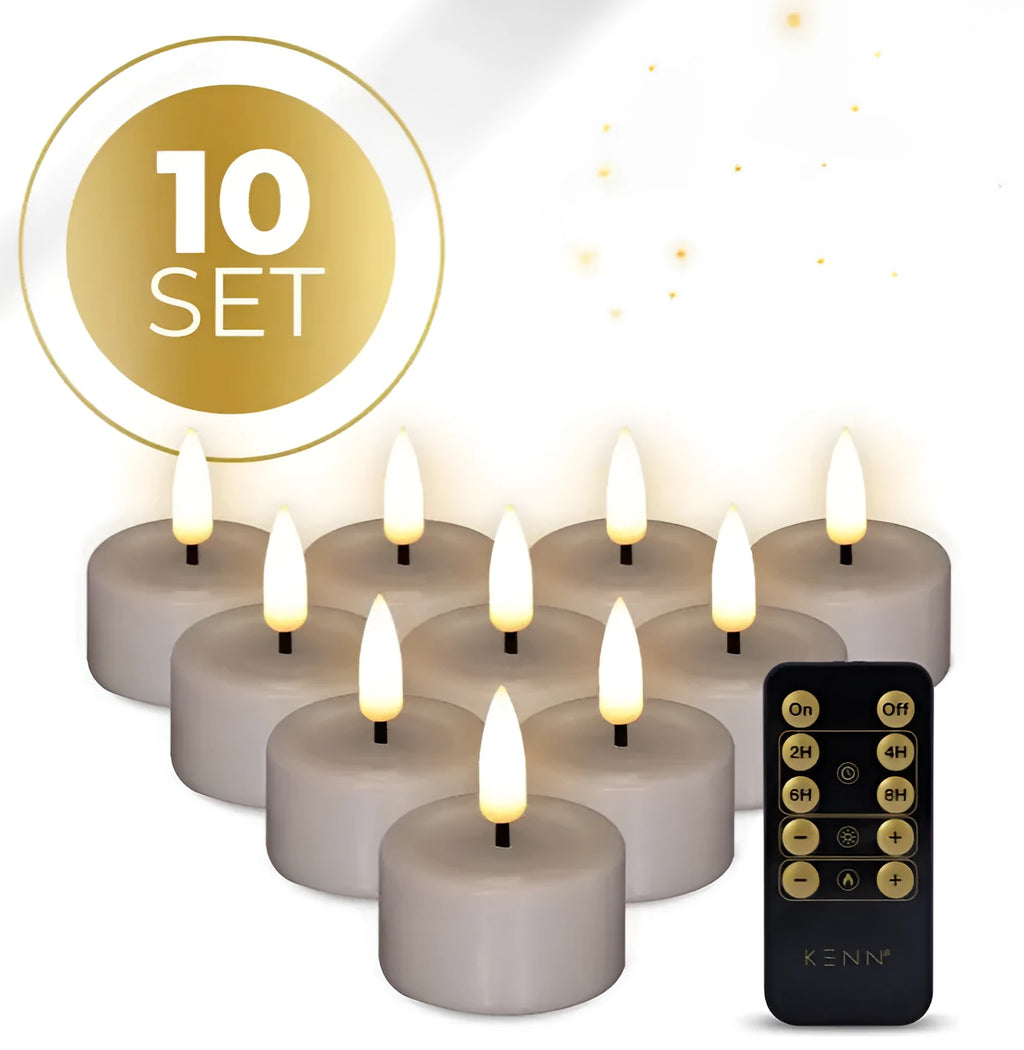 S10 3D flame LED tealight candles in taupe colour showing realistic flickering effect