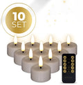 S10 3D flame LED tealight candles in taupe colour showing realistic flickering effect