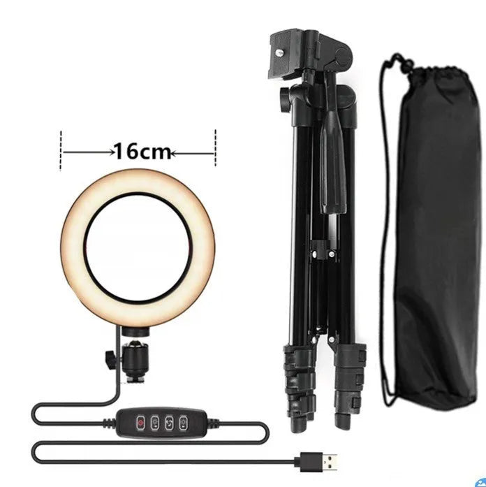 An adjustable live streaming phone stand extended on a tripod base, holding a smartphone.