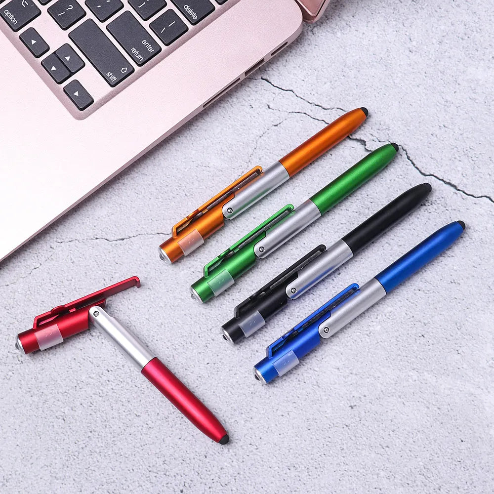 4-in-1 folding light pen mobile phone holder in black plastic, with pen tip and LED light visible