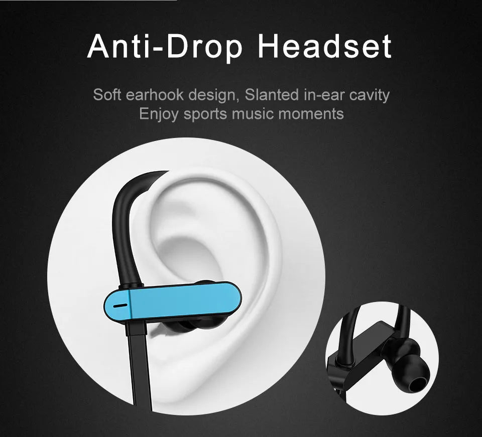 Sport earphones with black and blue flexible ear hooks and silicone earbuds, shown on a grey background