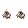Pair of diamond embedded round crystal tassel earrings, thick gold plated, purple colour, on a white background
