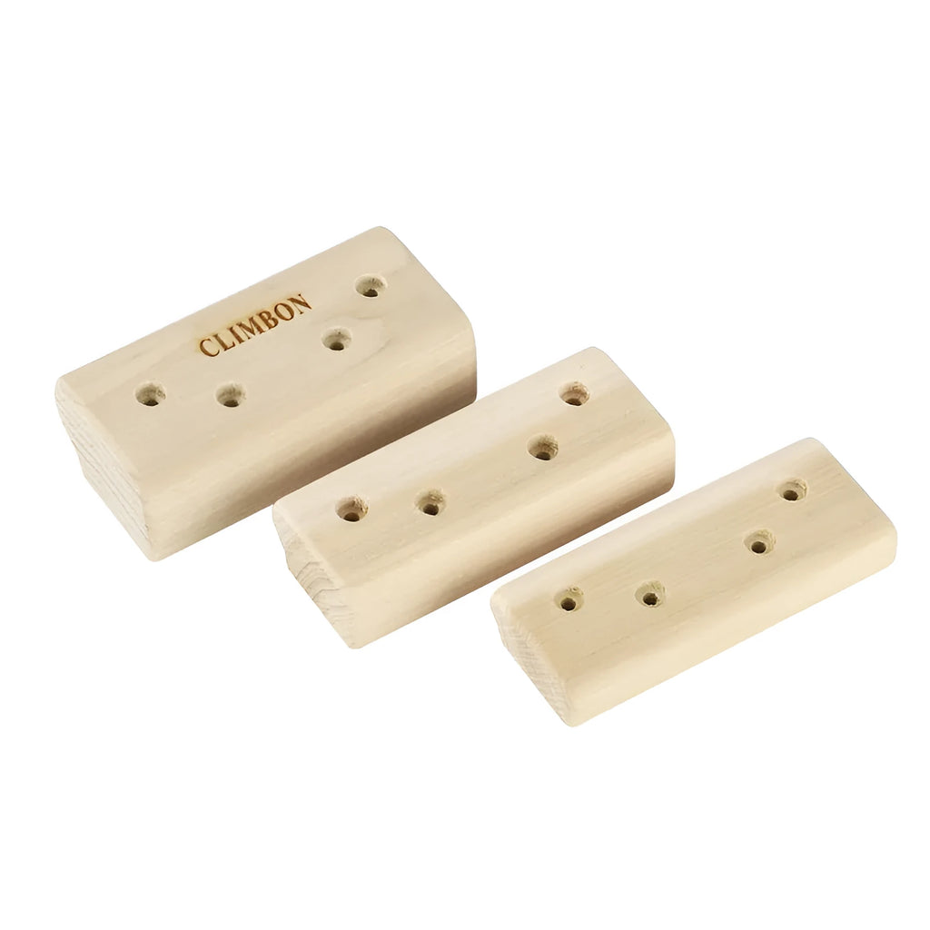 Set of three solid wooden hangboards for grip strength training, showing 12cm, 40cm, and 50cm sizes.