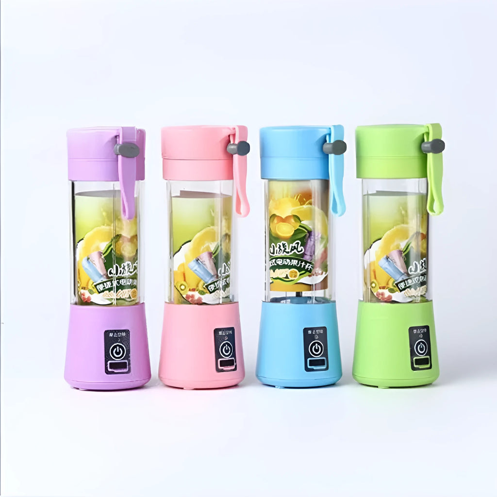 Mini USB electric centrifugal juicer with stainless steel blade, anti-slip base, and rope handle in blue plastic housing