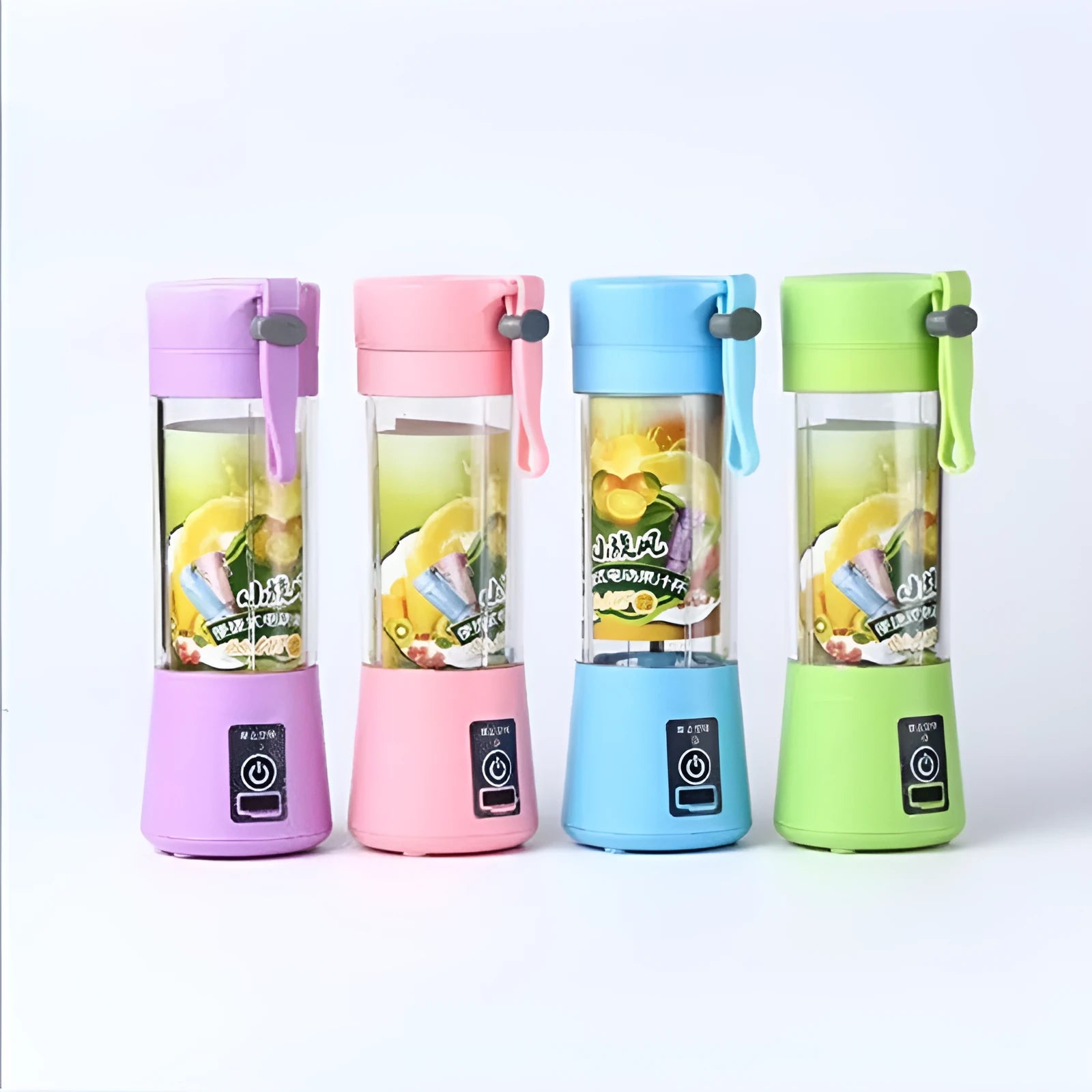 Mini USB electric centrifugal juicer with stainless steel blade, anti-slip base, and rope handle in blue plastic housing