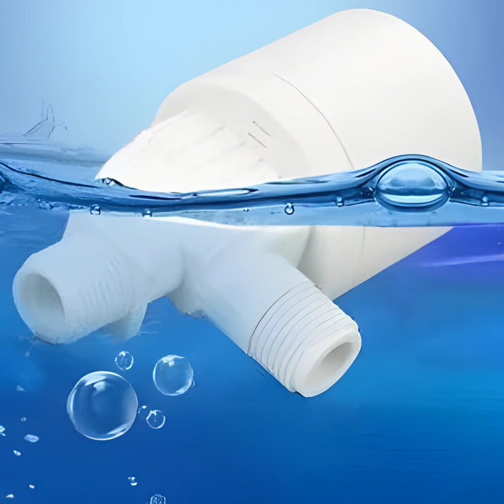 White nylon automatic float valve with threaded inlet for water level control in tanks and containers