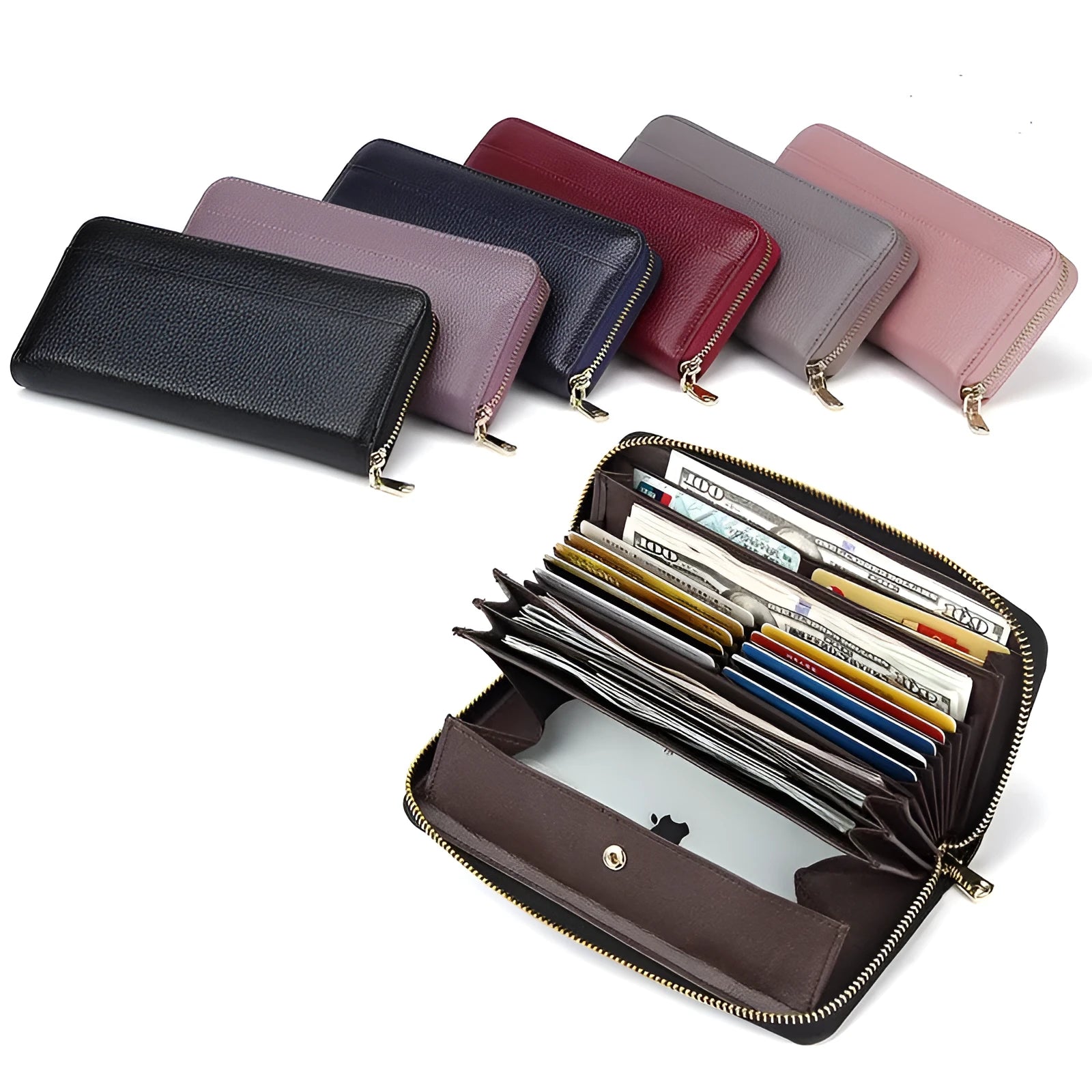 Genuine leather long wallet for women in six colour options with anti-theft card swiping function