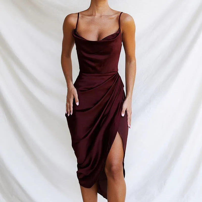 Women's solid colour high waist satin slit skirt in mid-length, available in multiple colours and sizes S to XL