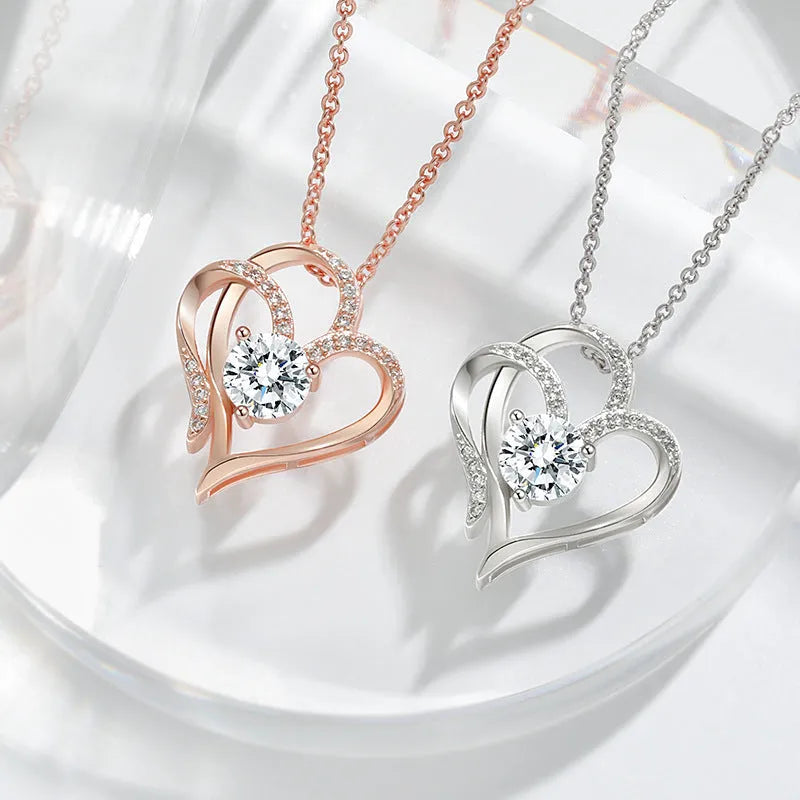 Women's heart-shaped 925 silver necklace with diamond treatment in rose gold, white gold, or yellow gold plating.
