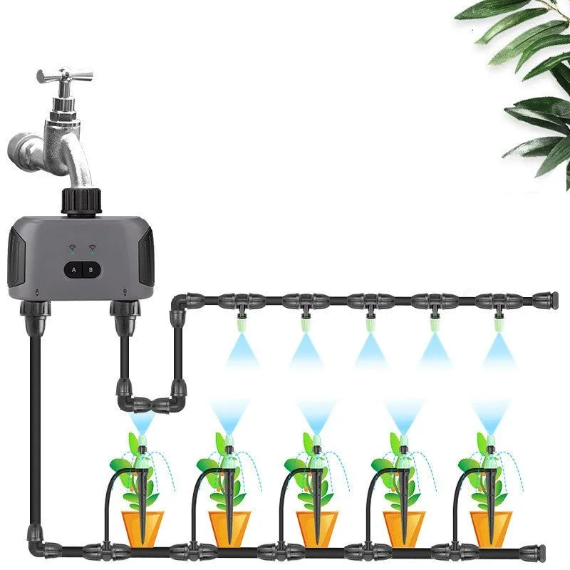 Bluetooth dual watering controller with timer connected to outdoor tap, 122x58x141.5mm, plastic body, IPX5 waterproof