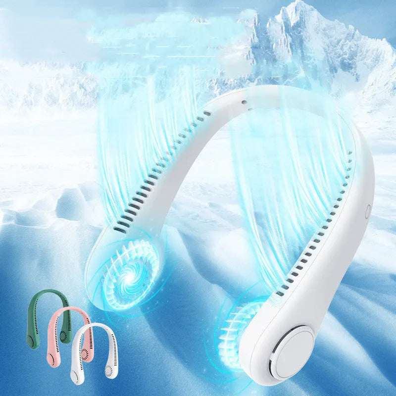 Rechargeable neck fan in leafless design worn around neck with decentralised air outlet