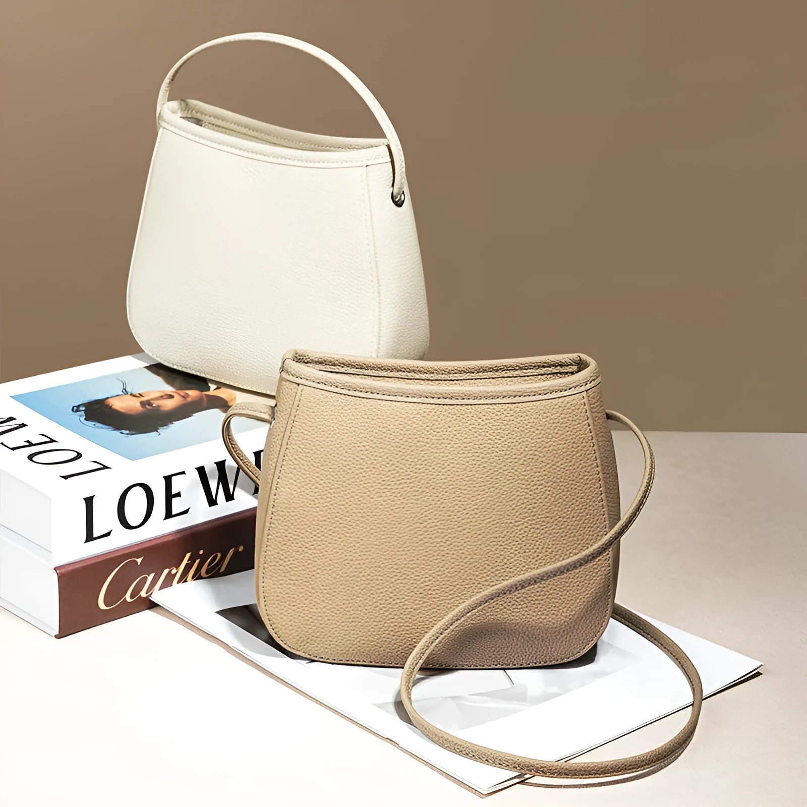 Women's genuine cowhide messenger bag in beige with soft surface leather, square vertical shape, and removable handle