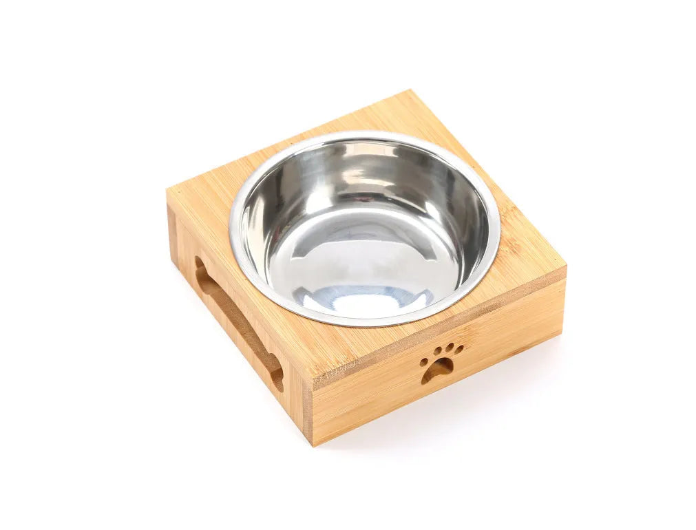 Solid wood pet dining table with stainless steel double bowl raised feeding station for cats and small dogs