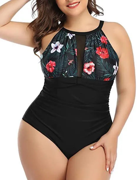 Women's black, striped, and red floral one-piece swimsuit in extended sizes L to 4XL.