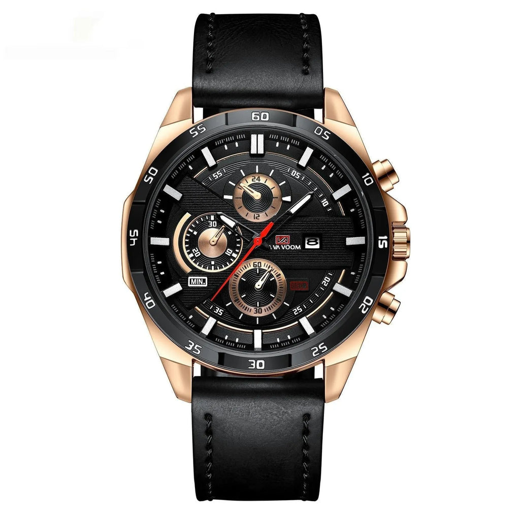 Men's casual watch with leather strap and business calendar display