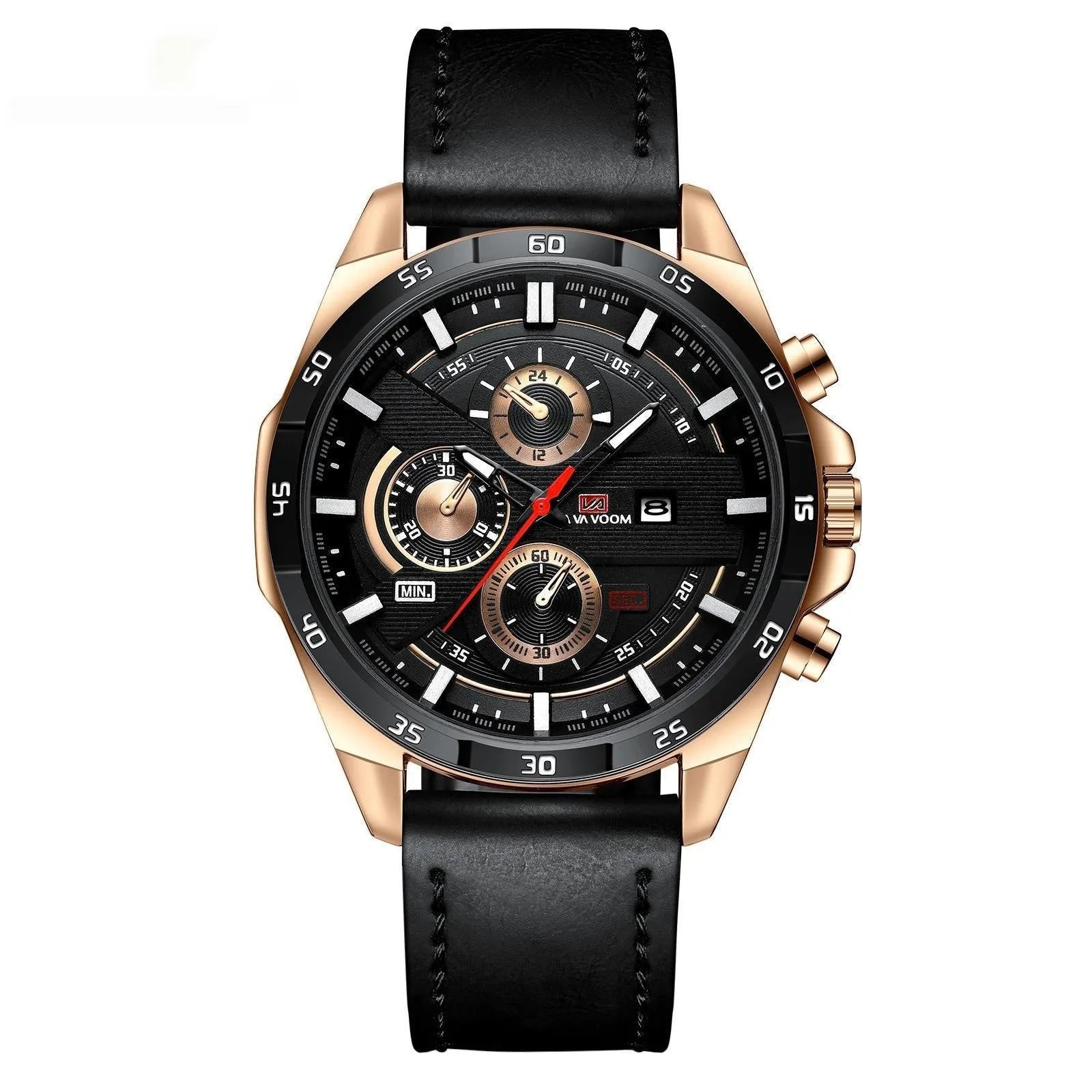 Men's casual watch with leather strap and business calendar display