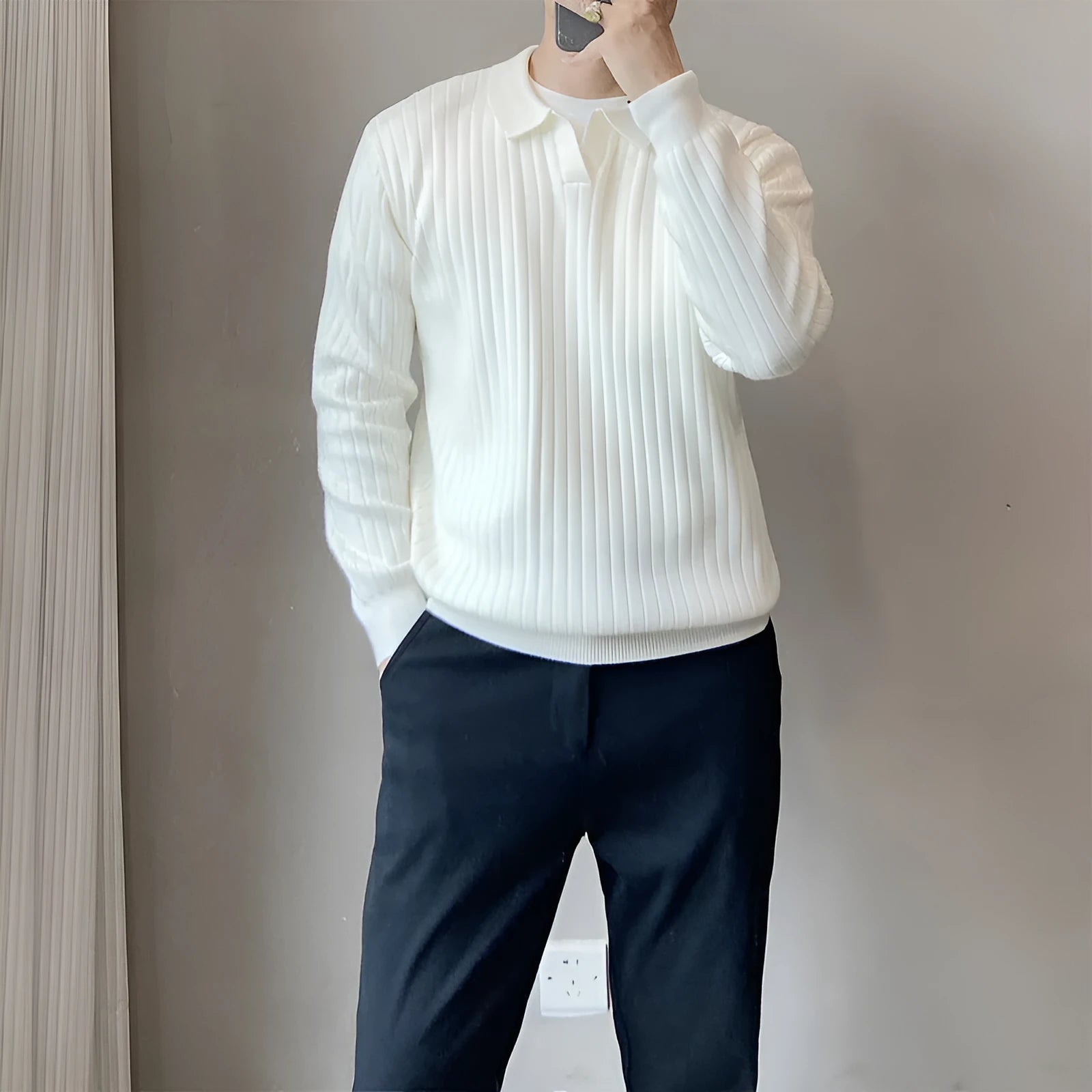 Man's loose-fit long-sleeved knitted pullover sweater in a modal and rabbit fur blend.
