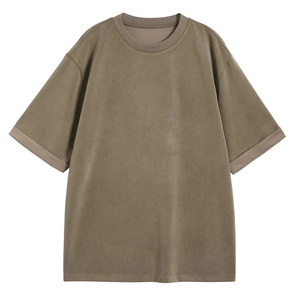 Men's loose casual drape knit T-shirt in solid colour, short sleeve, polyester blend, available in black brown white sizes S to 2XL