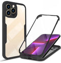 TPU back cover phone case for iPhone 14, black, on a white background showing front and back protection
