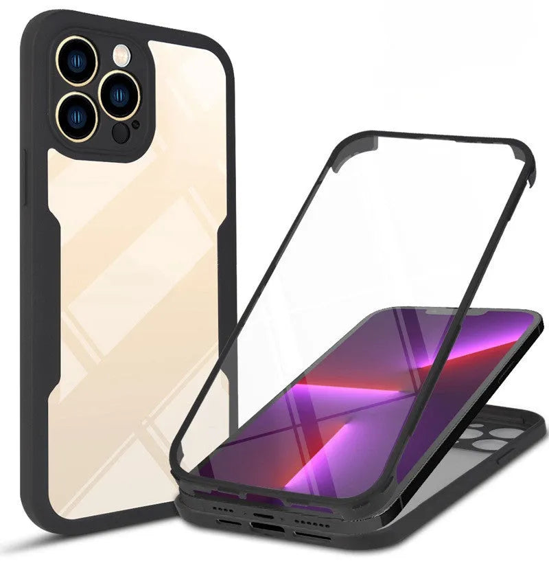 TPU back cover phone case for iPhone 14, black, on a white background showing front and back protection