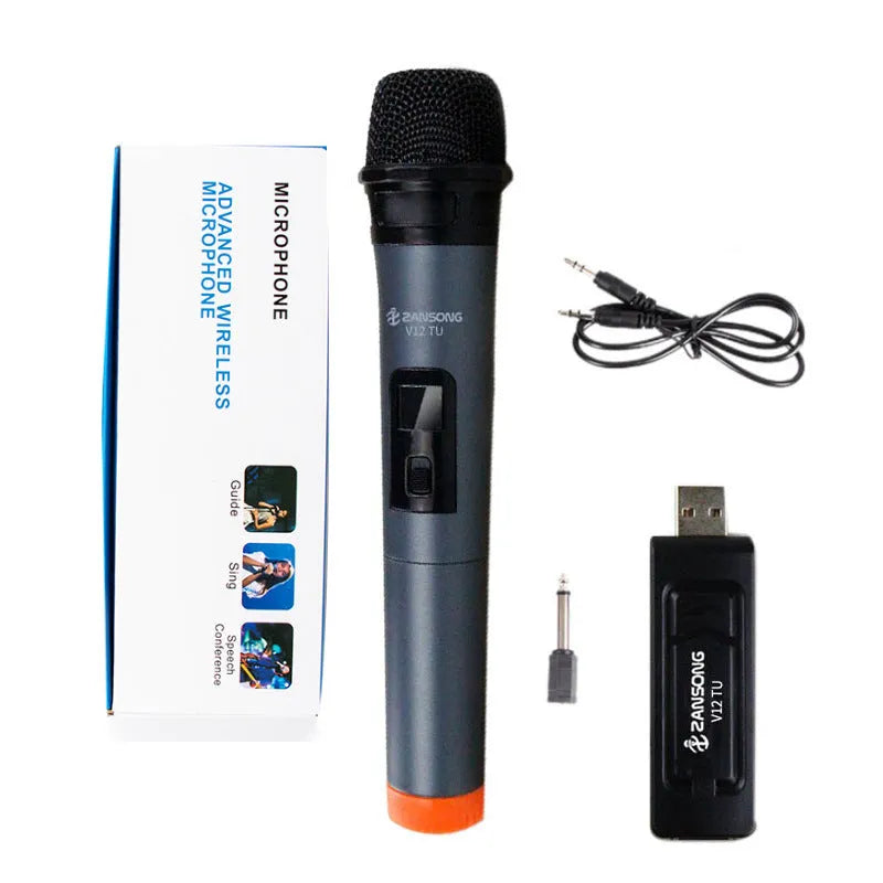 Black dynamic handheld microphone with USB receiver and audio cable for stage and home use